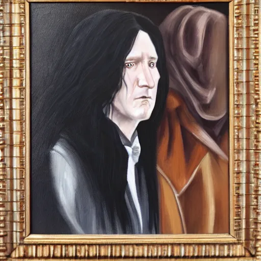 Prompt: A portrait of Severus Snape and Lily Potter, oil painting