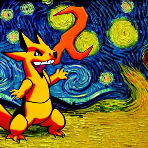 Image similar to Charizard pokemon in the style of Van Gogh, starry night, oil painting, detailed, trending on artstation