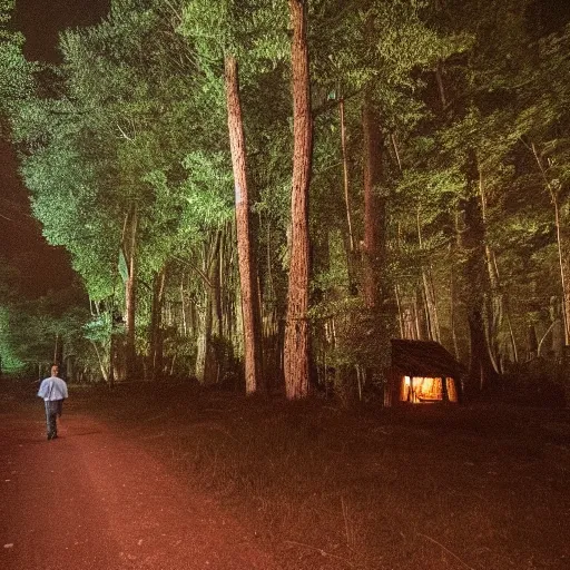 Prompt: A giant man walking through a forest at night, small shack in the distance, long shot angle