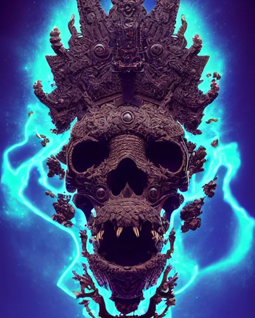 Image similar to 3 d ornate carved dark cosmic king with profile portrait, sigma 5 0 0 mm f / 5. beautiful intricate highly detailed quetzalcoatl skull. bioluminescent, plasma, lava, ice, water, wind, creature, thunderstorm! artwork by tooth wu and wlop and beeple and greg rutkowski, 8 k trending on artstation