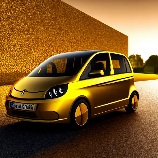 Image similar to ein goldenes auto das auf einer strße aus schokolade fahrt bei einem sonnenuntergang. 8 k render