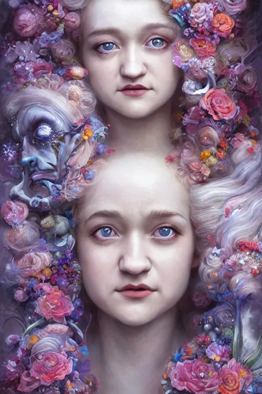 Prompt: closeup portrait shot of julia garner as delirium of the endless, the sandman, the fairy queen, floral growth, thick fancy makeup, highly detailed, digital painting, artstation, concept art, soft focus, depth of field, artgerm, tomasz alen kopera, peter mohrbacher, donato giancola, wlop, boris vallejo