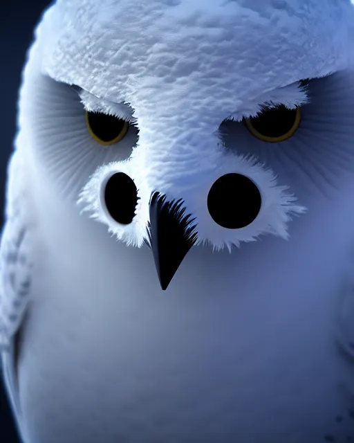 Prompt: closeup of a snow owls face, in the style of brian despain, digital art, unreal engine, volumetric lighting, dark moody lighting, post apocalyptic, 4 k