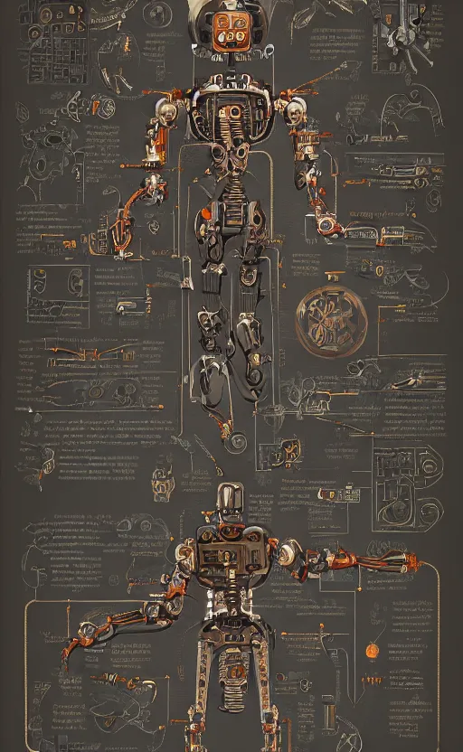 Image similar to anatomy of the terminator, robot, cyborg, t 1 0 0, steampunk, bloodborne diagrams, mystical, intricate ornamental tower floral flourishes, rule of thirds, technology meets fantasy, map, infographic, concept art, art station, style of wes anderson