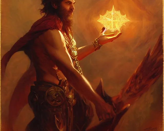 Image similar to attractive male deity, casting demonic magic, summoning handsome lucifer morning star. highly detailed painting by gaston bussiere, craig mullins, j. c. leyendecker 8 k