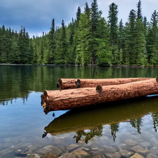 Image similar to primitive wooden dock on a lake coast with primitive rowboats docked at it, bushcraft, made of logs