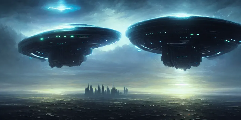 Image similar to alien mothership hovering in the sky above city, ultra high definition, sci - fi, fantasy, by greg rutkowski