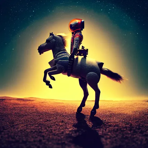 Image similar to photography of anthropomorphic horse riding on top of an astronaut back. from western by hiroyuki okiura and katsuhiro otomo and alejandro hodorovski style with many details by mike winkelmann and vincent di fate in sci - fi style. volumetric natural light photo on dsmc 3 system,