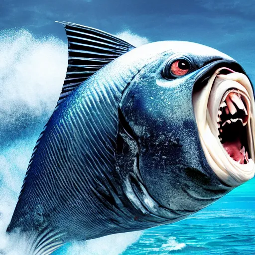 Prompt: cinematic shot of Cardi B riding on the back of a giant tuna fish in the ocean, bright lighting, 8k, very intricate, very detailed,