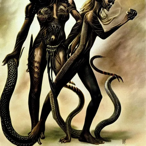 Prompt: illustrated by Boris Vallejo and H.R. Giger | Beautuful vintage photo of a warrior-girls with snakes and demons surrounded