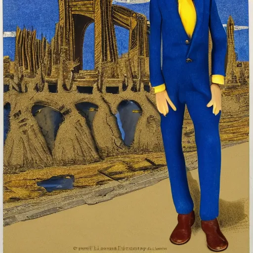 Image similar to portrait of a beautiful androgynous actress with long messy spiked auburn hair, golden eyes, and tufted elf ears and dressed in a blue men's suit with a yellow tie, standing on a stone bridge with a fantasy metropolis of tall stone towers in the background