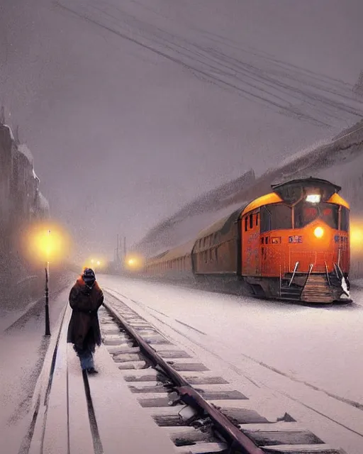 Image similar to a highly detailed epic cinematic concept art CG render digital painting artwork: Railroad in snowy landscape of Siberia and worker in orange west. By Greg Rutkowski, in the style of Francis Bacon and Syd Mead and Norman Rockwell and Beksinski, open ceiling, highly detailed, painted by Francis Bacon and Edward Hopper, painted by James Gilleard, surrealism, airbrush, Ilya Kuvshinov, WLOP, Stanley Artgerm, very coherent, triadic color scheme, art by Takato Yamamoto and James Jean