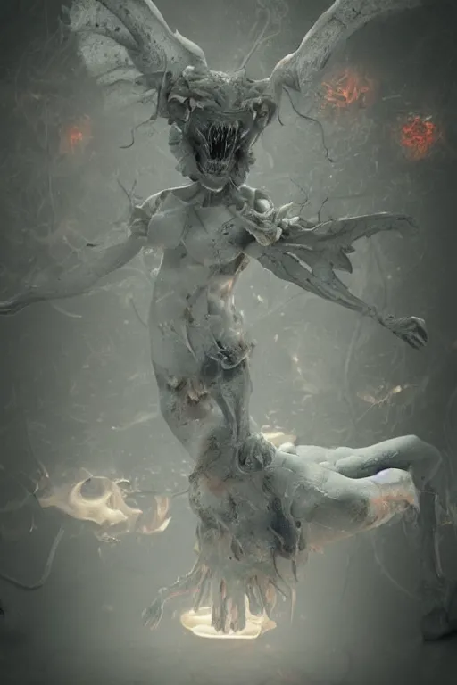 Prompt: Surreal Scifi Demon Floating in the air, in the middle of a garden of white roses burning, photo realistic, insanely detailed, mist, trending on artstation, golden ratio, ultra super good realistic 3D render by Agesandro de Rodas & Emil Melmoth