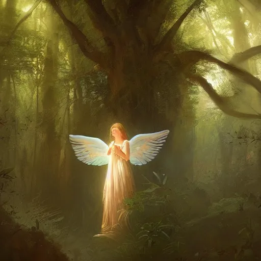 Prompt: A beautiful painting of an angel in a magical forest, ray traced sun light, by greg rutkowski and Kalin Popov , Trending on artstation HD.