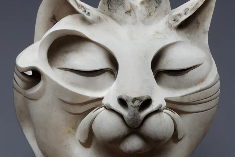 Image similar to a cinematic view of a ornated cat statue made with marble using oni wooden mask