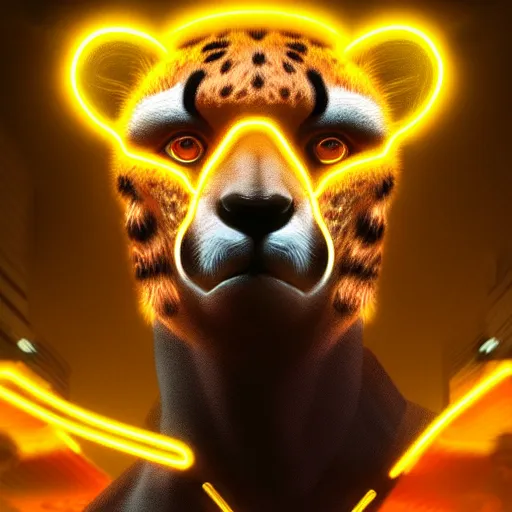 Image similar to a beautiful commission portrait of a male anthro cheetah wearing a neon jacket,futuristic,detailed face,mohawk,cyberpunk city,deviantart,artstation,art by greg rutkowski,ross tran,professional lighting,neon city,night,raytracing,highly realistic,4k,dramatic,hyperrealism