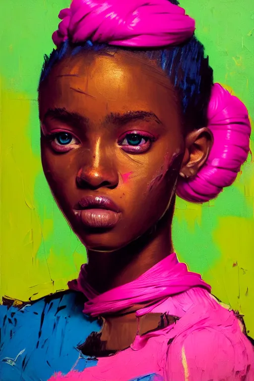 Image similar to portrait of a stylized african young lady, painted in acrylic, pigment textures, in the colors hot pink and cyan, beautiful realistic face, rule of thirds, spotlight, by greg rutkowski, by jeremy mann, by francoise nielly, by van gogh, by ross tran, in focus