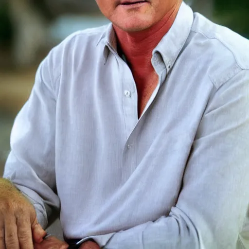 Image similar to patrick duffy with very long length straight grey hair wearing a white shirt