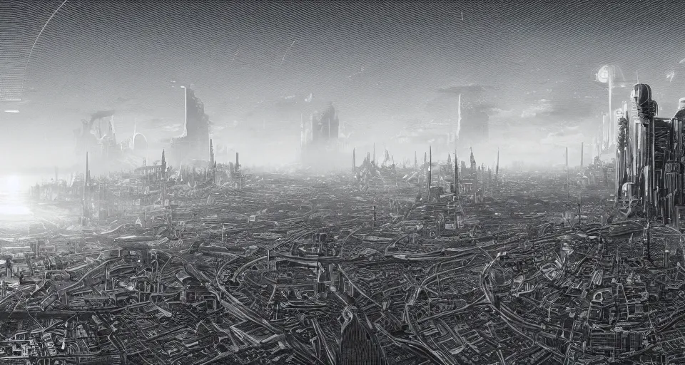 Image similar to view on futuristic city in the horizon, illustration by nicolas delort, detailed, sharp, 8 k