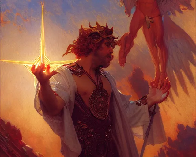 Image similar to attractive male deity, casting demonic magic, summoning handsome lucifer morning star. highly detailed painting by gaston bussiere, craig mullins, j. c. leyendecker 8 k