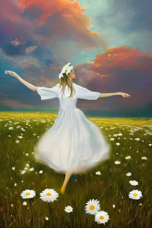 Image similar to giant white daisy flower as head, girl dancing in a flower field, surreal photography, sunrise, dramatic light, impressionist painting, colorful clouds, digital painting, artstation, simon stalenhag