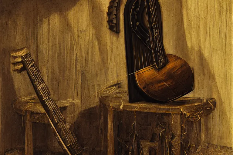 Image similar to still life of a cursed carved wooden lute with ebony inlay and strings of pain, oud, guitar designed by brian froud and hr giger leans against the wall alone, abandoned. an empty brutalist chamber, lonely, somber, a thin wisp of smoke rises from the lute. late afternoon lighting cinematic fantasy painting by jessica rossier