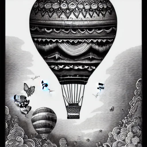Prompt: portrait of a small victorian air balloon over a fantasy landscape, line art illustration by joe fenton , black and white, intricate details