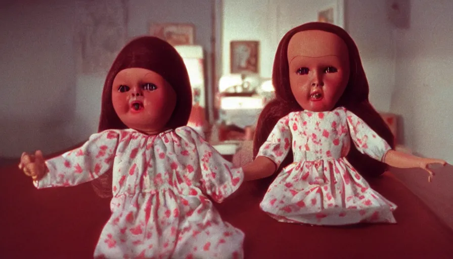Prompt: 7 0 s film still from a horror movie about midcentury old dolls, kodachrome, cinecolor, cinestill, film grain, film texture, retro, cinematic, high resolution, photorealism,