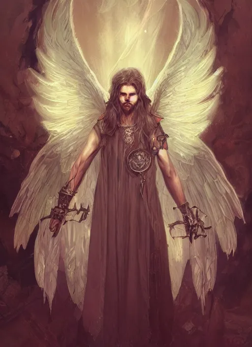 Image similar to Aasimar Paladin with shaggy silver hair, brown scruffy beard, angel wings, epic, striking, fantasy, intricate, elegant, highly detailed, digital painting, artstation, concept art, smooth, sharp focus, illustration, art by Krenz Cushart and Artem Demura and alphonse mucha