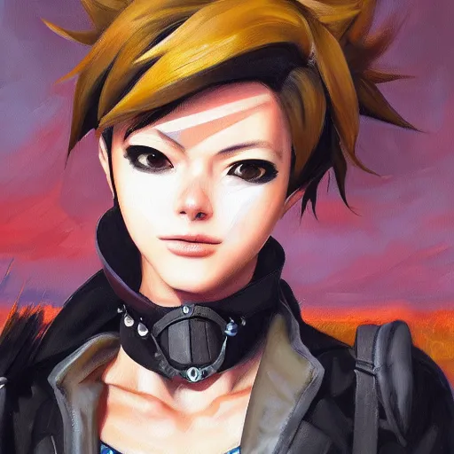 Prompt: oil painting of tracer overwatch in a field wearing spiked collar around neck, in style of artgerm, expressive face, wearing choker, steel collar, steel choker, wearing collar on neck, detailed face, detailed eyes, full body, feminine face, tracer overwatch,