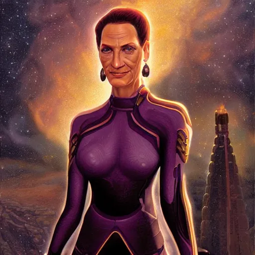 Image similar to portrait of an bajoran woman ( 3 5 ) from bajor, bajor - b'hava'el, bajoran sector, alpha quadrant, an oil painting by ross tran and thomas kincade