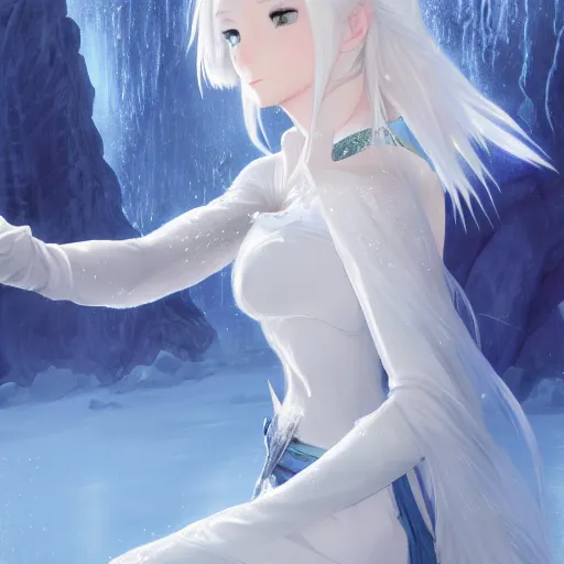 Prompt: white-haired anime girl frozen in an ice floe, fashion is running D&D, fantasy, intricate, elegant, highly detailed, digital painting, artstation, concept art, matte, sharp focus, illustration, art by Artgerm and Greg Rutkowski and Alphonse Mucha, UHD