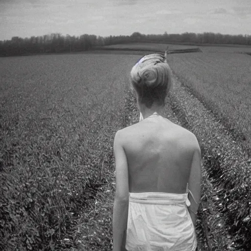 Prompt: a closeup of a woman's back in a countryside, Andrei Tarkovsky film style, photography, 1970s