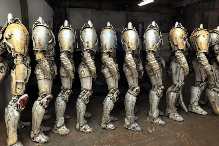 Image similar to photo taken of an epic intricate, ultra detailed, super realistic gritty, hero prop, exquisitely weathered fallout 4 power amour suit movie prop replica's in a row in the workshop, created by weta workshop, full body shot, photorealistic, sharp focus, white wall, cold colour temperture, golden ratio