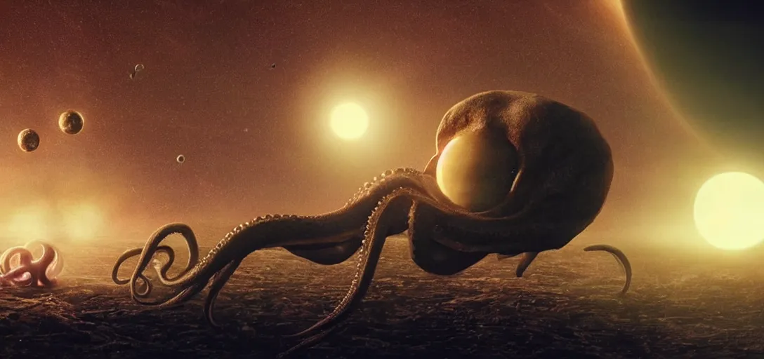 Prompt: an octopus in the shape of a skull eating a solar system, foggy, cinematic shot, photo still from movie by denis villeneuve, wayne barlowe