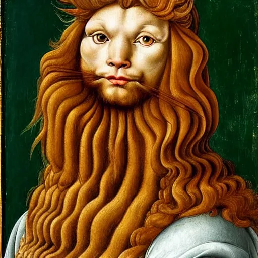 Prompt: beautiful renaissance painting portrait of ginger maine coon with white beard by sandro botticelli, jan van eyck, tiziano vecelli, piero della francesca