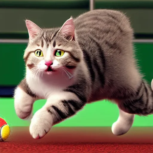 Image similar to cat standing playing tennis, realistic, highly detailed, cinematic