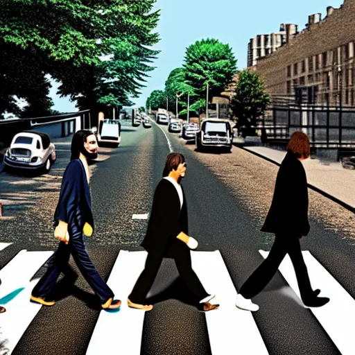 Image similar to 4 men walking on crosswalk on abbey road, city, digital art, 8 k.