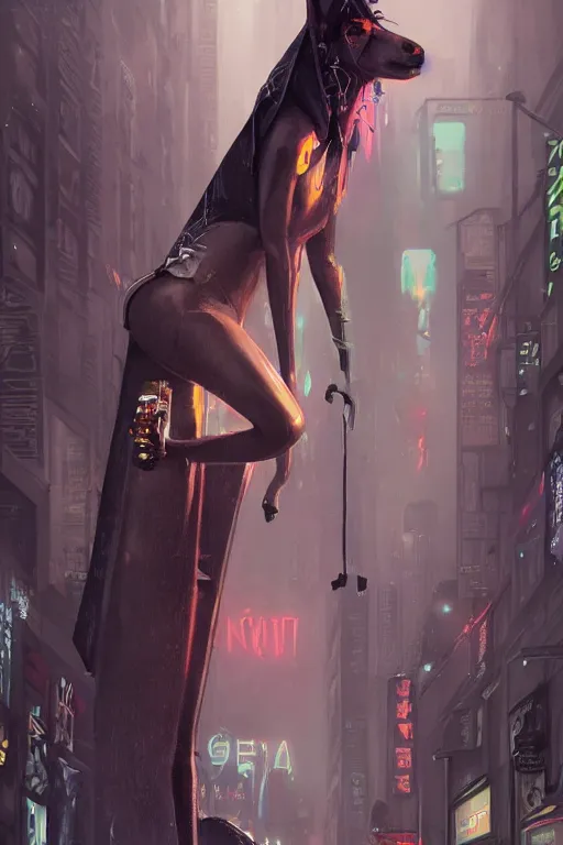 Image similar to beautiful portrait of a tall sensual female anubis smoking a cigarette in a bustling crowd of a rainy city street, goth punk clothes, cyberpunk, harsh neon lights, highly detailed, sharp focus, digital painting, illustration, trending on artstation, art by sakimichan, wlop, greg rutkowski