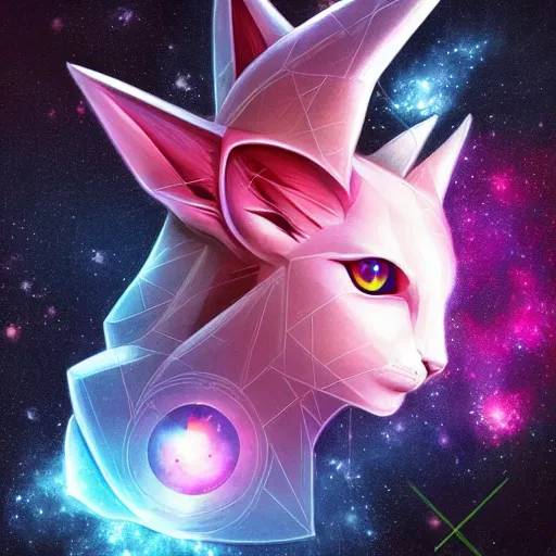 Image similar to geometric symmetrical espeon with galaxy eyes in space, nebula in the background, intricate, elegant, highly detailed, digital painting, artstation, concept art, smooth, sharp focus, illustration, art by artgerm