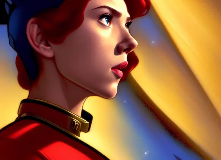 Prompt: a disney film still of scarlett johansson as a star trek officer, finely detailed features, closeup of the face, perfect art, dusk, blue hour, gapmoe yandere grimdark, trending on pixiv fanbox, painted by greg rutkowski, makoto shinkai, takashi takeuchi, alphonse mucha, akihiko yoshida