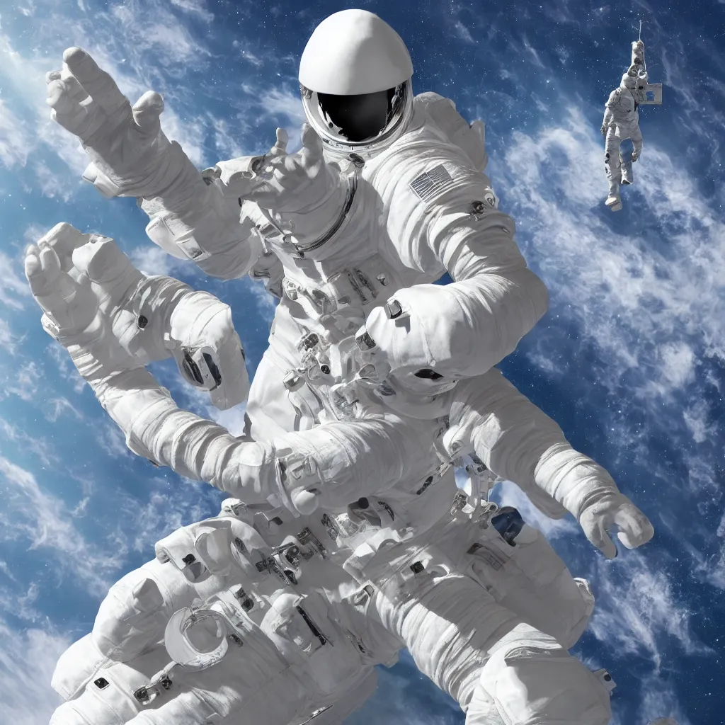 Image similar to illustration of a giant hand placing a life - sized grey plastic sculpture of an astronaut atop a building
