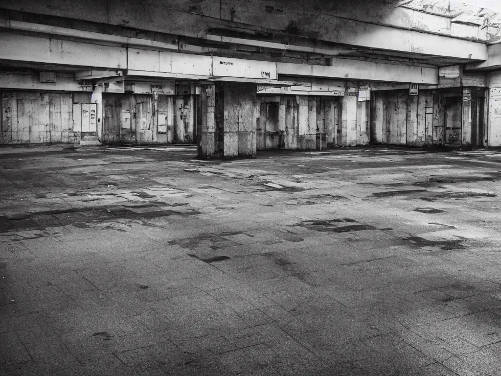 Prompt: “35mm film photography of empty train station, concrete, abandoned, old posters, derelict, damp, dark, cold, bright graffiti, dim strip lighting, empty platform, cinestill 800t, grain”