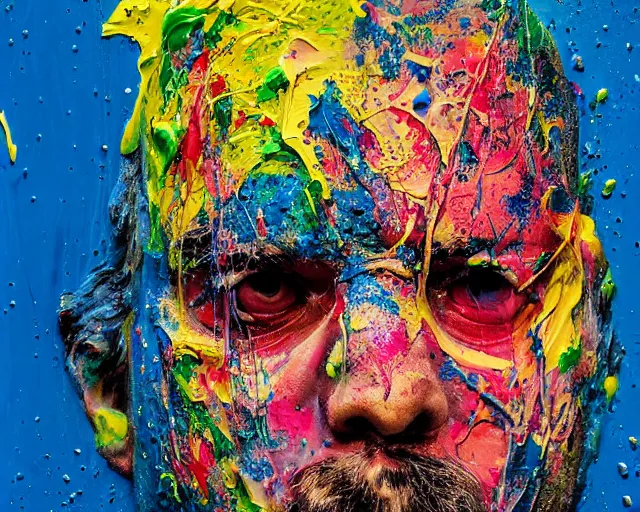 Prompt: abstract expressionist portrait of a head made of very thick impasto paint and acrylic pour and coloured powder explosion and splashing paint and dripping paint and flying paint chunks, eyes closed or not visible, expressing strong emotions, art by antony micallef, motion blur, hyperrealistic, intricate art photography, anatomically correct, realistic crisp textures, 1 6 k