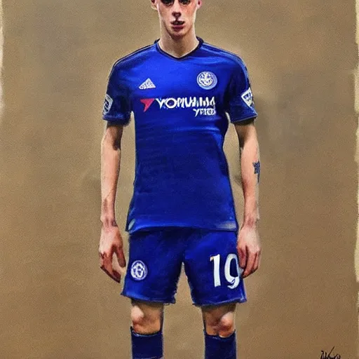 Image similar to attractive kai havertz wearing blue chelsea shirt by ruan jia, portrait