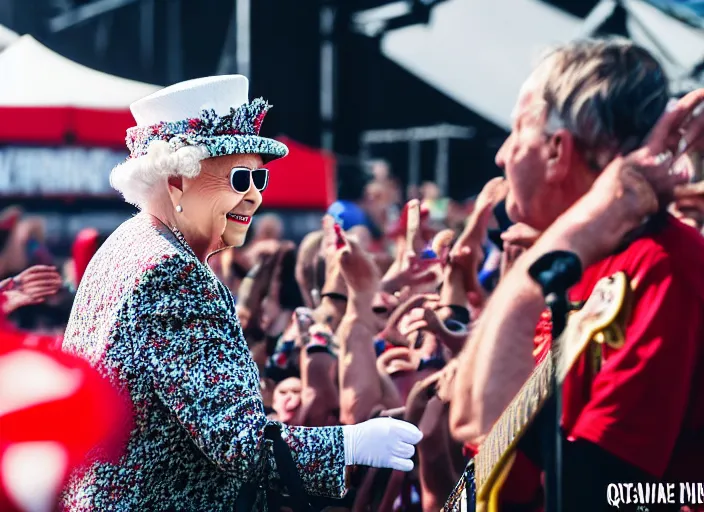 Prompt: photo still of queen elizabeth at vans warped tour!!!!!!!! at age 7 0 years old 7 0 years of age!!!!!!! throwing down in the mosh pit, 8 k, 8 5 mm f 1. 8, studio lighting, rim light, right side key light