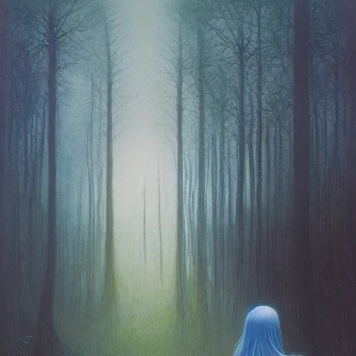 Prompt: beautiful young Asian elf woman with blue hair in a hazy forest at dusk, by Zdzisław Beksiński