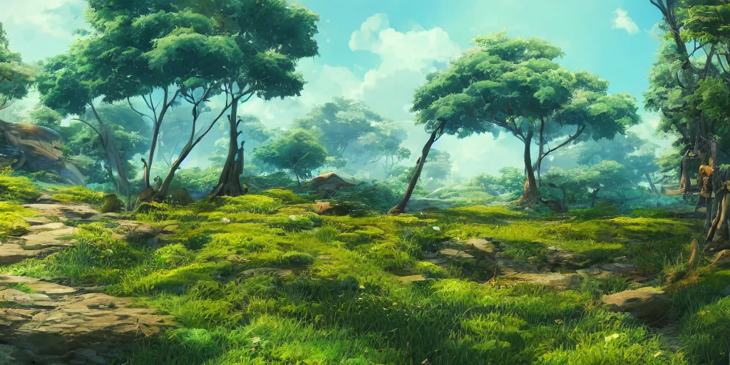 Image similar to beautiful nature environment from genshin impact, game art, in game screenshot, beautiful colors, 8 k, detailed, award winning, popular on artstation, by a famous game concept artist, anime style, nostalgic