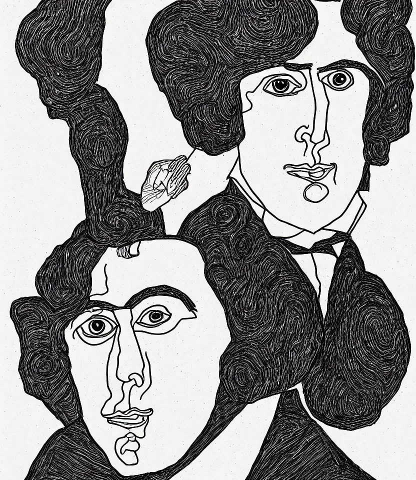 Image similar to detailed line art portrait of oscar wilde, inspired by egon schiele. caricatural, minimalist, bold contour lines, musicality, soft twirls curls and curves, confident personality, raw emotion