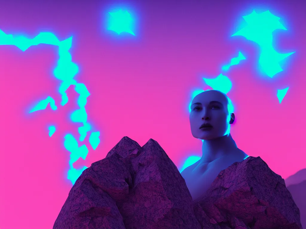 Image similar to manikin made of marble, fractal neon explosion revealing a portal to a vaporwave paracosm, mountains in background, introspective, cinematic, rule of thirds, clean linework, dramatic, award winning, 4 k, trending on artstation, photorealistic, volumetric lighting, octane render